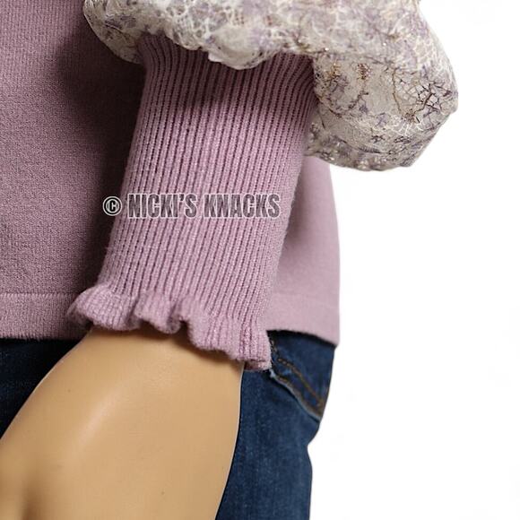 Sioni Lace Sleeve Pastel Lilac Sweater Romantic Ruffle V Neck Knit Top Size S - Picture 6 of 10